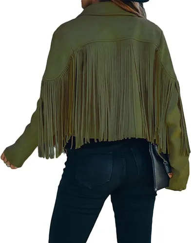 Vista 2 de ebossy Chaqueta de gamuza con flecos para mujer, manga larga, delgada, de piel sintética, con borlas