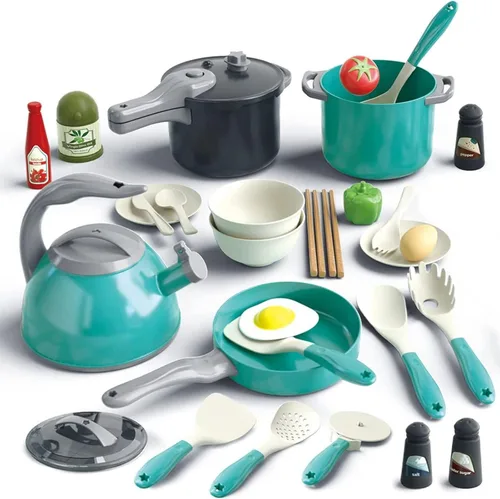 Vista 13 de Bruvoalon Juego de 32 juguetes de cocina para niños, accesorios de cocina con ollas, sartenes, utensilios de cocina, alimentos, verduras enlatadas