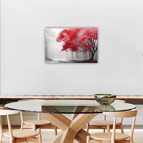 Vista 3 de ZHOUWALLPIC Lienzo de árbol rojo para pared, diseño de bosque rojo y negro, impresiones de imágenes de paisajes de niebla grande, decoración