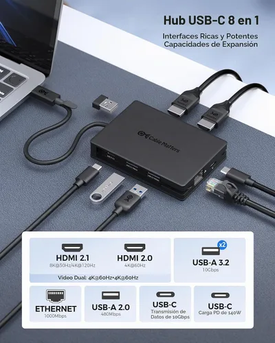 Vista 2 de Cable Matters Hub USB C 8 en 1 Dual HDMI, carga de 140 W, Gigabit Ethernet