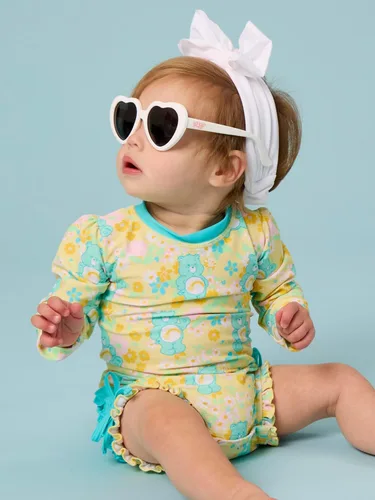 Vista 3 de RuffleButts - Traje de baño de una pieza con protección solar UPF 50+, camiseta de protección floral estampado, manga larga, con cierre zipper