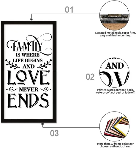 Vista 3 de Letrero de madera de 22 x 12 pulgadas con texto en inglés "Positive Saying Family is Where Life Begins and Love Never Ends Scripture Versículos