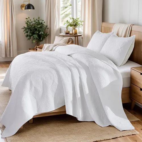 Vista 8 de Brandream juego de cama de lujo de 3 piezas, color blanco, de gran tamaño, juego de edredón, tamaño queen
