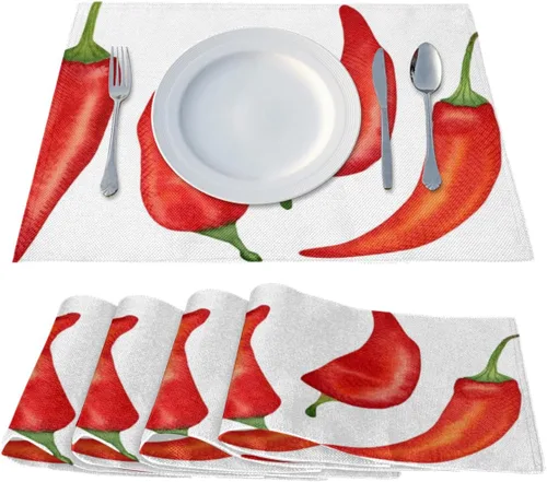 Vista 2 de Juego de 4 manteles individuales con patrón de chile, lavables, impermeables, para decoración de mesa de comedor, 18 x 12 pulgadas