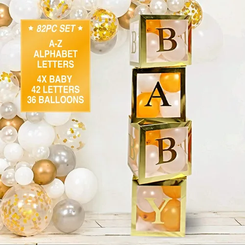 Vista 10 de 82 piezas de decoración de baby shower para niño, juego de caja de globos azul, blanco y gris con letras del alfabeto, decoración de fiesta
