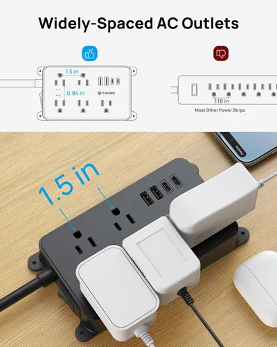 Vista 7 de TROND Regleta protectora contra sobretensiones, cable de extensión de 3 pies de enchufe plano, 5 tomas de corriente ampliamente espaciadas con 2 USB