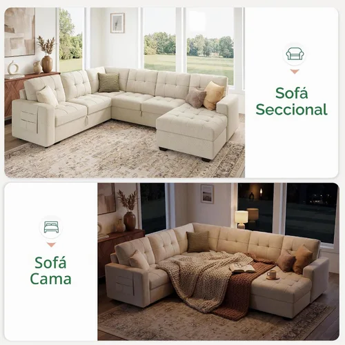 Vista 5 de HONBAY Sofá Seccional Cama Extraíble, Sofá Seccional en Forma de U con Chaise de Almacenamiento, Sofá Cama para Sala de Estar, Beige