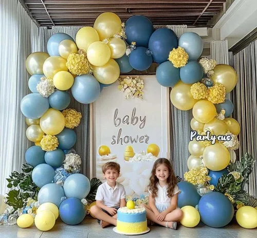 Vista 6 de Kit de arco de globos azul polvoriento, amarillo, doble relleno, azul pastel oscuro, amarillo claro, guirnalda de globos de perlas para cumpleaños