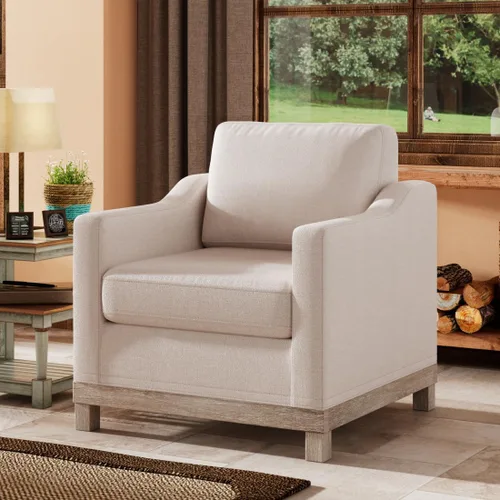 Vista 3 de Sillón moderno de lino/silla de acento/sofá individual con base de madera de goma para sala de estar, dormitorio, apartamento, oficina, color beige