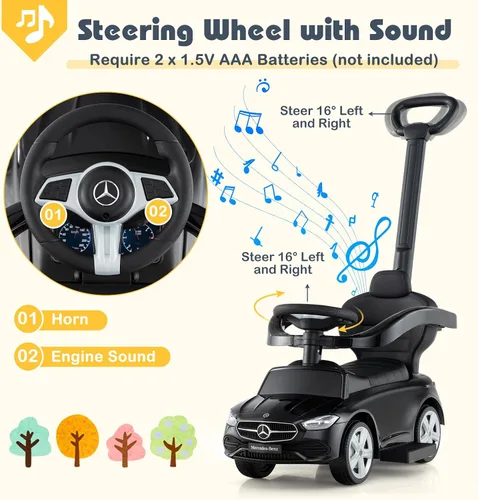 Vista 3 de Costzon Coche de empuje para niños pequeños, 3 en 1 Mercedes Benz Cochecito deslizante caminador con toldo, mango, barra de seguridad, sonido