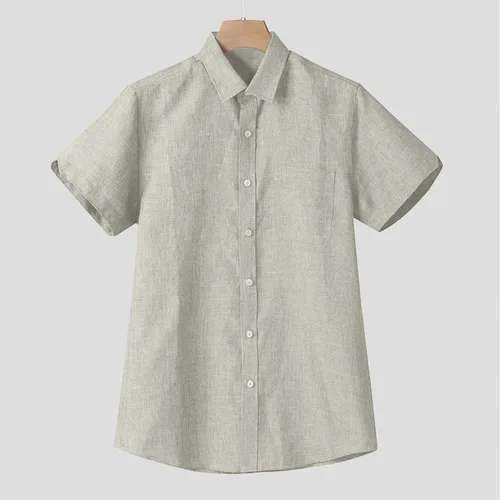 Vista 4 de Camisas de lino para hombre, a la moda, casual, de manga corta, con botones, para verano, tallas grandes y altas, hawaianas, para playa