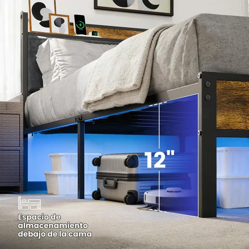 Vista 5 de PROTEA Base de cama de tamaño individual con luces LED y estación de carga, cabecera tapizada con almacenamiento, plataforma resistente con listones