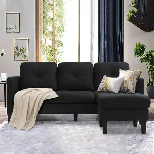 Vista 8 de Grepatio Sofá modular convertible, sofá en forma de L con tela de lino moderna para espacio pequeño (negro)