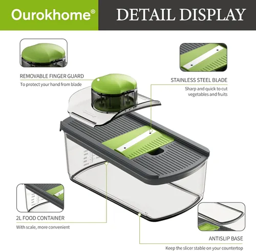 Vista 8 de Ourokhome Cortador de mandolina para cocina, rallador de verduras seguro para manos con 6 cuchillas de mandolina, cortador de gofres para papas
