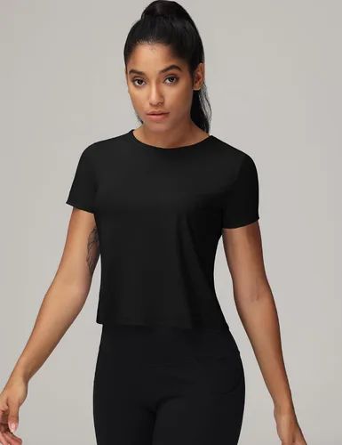 Vista 2 de Micoson Camisetas cortas de entrenamiento para mujer, con espalda dividida, manga corta, atlética, gimnasio, ejercicio, ajustadas, básicas
