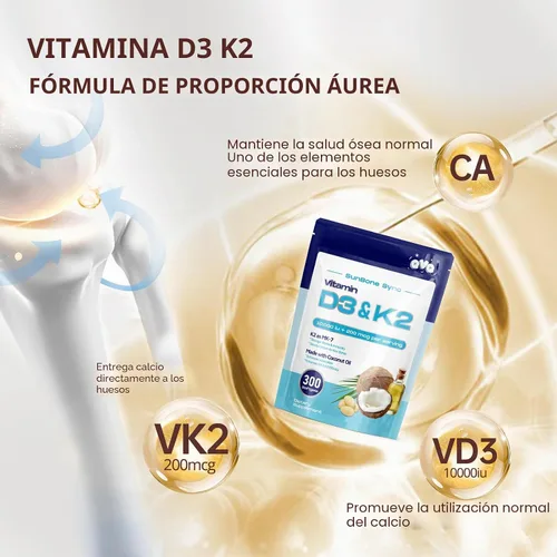 Vista 5 de 300 Piezas 2 en 1 Vitamina D3 10000 iu Plus K2 (MK-7) 200 mcg Cápsulas Blandas de Aceite de Coco Virgen con Vitaminas D y K Apoya la Absorción