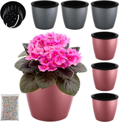 Vista 15 de Planterhoma Macetas de riego automático de 5 pulgadas para plantas de interior, 6 paquetes de macetas de violeta africana con indicador, maceta