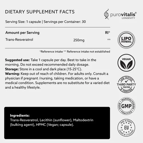 Vista 4 de PUROVITALIS Resveratrol liposomal 250 mg, 30 porciones (30 cápsulas veganas), suplemento antioxidante de trans-resveratrol de alta pureza