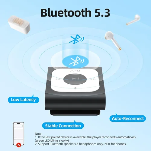 Vista 3 de AGPTEK Reproductor MP3 de clip de 16 GB con Bluetooth, A53PL reproductor de música portátil con radio FM, barajar, no necesita teléfono