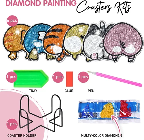 Vista 3 de 6 piezas de posavasos de pintura de diamante Posavasos de arte de diamante Pintura de arte de diamante de trasero de animal Regalo de arte