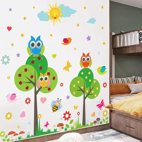 Vista 4 de Calcomanía de pared de animales para niños, diseño de flores, pájaros, mariposas, bricolaje, extraíble, despegar y pegar, decoración de árbol verde