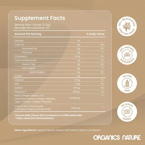 Vista 3 de ORGANICS NATURE Polvo de péptidos de colágeno con sabor a caramelo de vainilla y musgo marino irlandés Colágeno hidrolizado de origen natural
