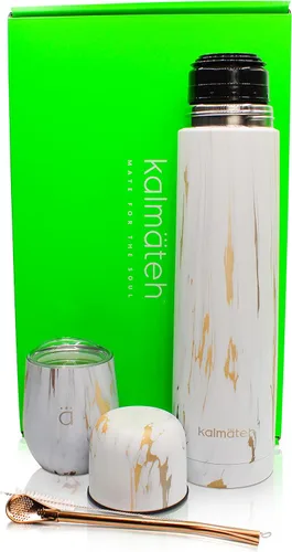Vista 10 de Kalmateh Yerba Mate Gourd 8oz y botella aislada al vacío de 33.8 fl oz, incluye vaso mate, frasco de doble pared, popote bombilla, cepillo de Negro
