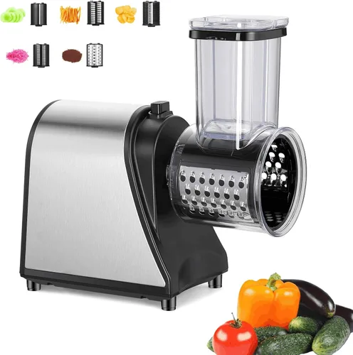 Vista 9 de Rallador Eléctrico de Queso, Rallador Rotatorio Profesional 5 en 1 para Queso y Verduras, Tirador Eléctrico de Ensalada Espiralizador