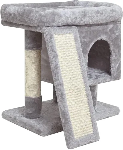 Vista 12 de SYANDLVY Árbol pequeño para gatos grandes de interior, condominio para gatitos con poste rascador y tabla, torre de actividades moderna con cueva