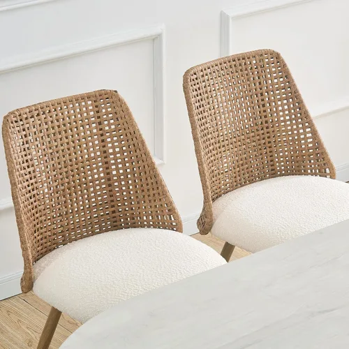 Vista 6 de Juego de 4 sillas de comedor de ratán, sillas de comedor de mimbre, sillas de comedor con respaldo de ratán de polietileno tejido y asiento de tela
