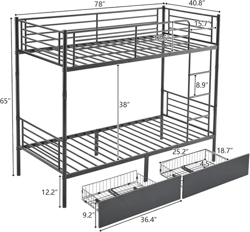 Vista 2 de Karl home - Litera de tamaño individual sobre individual en negro con 2 cajones de almacenamiento, litera de metal con escalera incorporada
