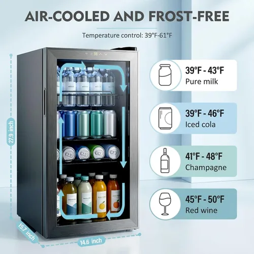 Vista 4 de Refrigerador de bebidas, mini refrigerador de 3.2 pies cúbicos con puerta de vidrio, control de temperatura digital ajustable para refrescos