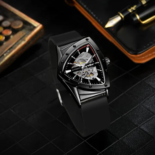 Vista 5 de FORSINING Reloj de pulsera mecánico triangular impermeable para hombre con correa de silicona
