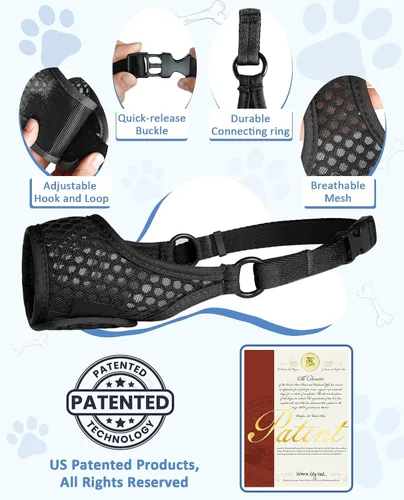 Vista 6 de LuckyPAW Bozal para Perros, Bozales Suaves para Perros Grandes, Medianos y Pequeños para Evitar Mordeduras y Masticaciones con Anillo y Correa Negro
