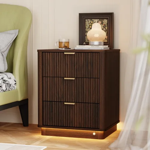 Vista 17 de Mesita de noche LED acanalada, mesita de noche curvada inteligente con iluminación de estación de carga, mesa auxiliar de madera con 2 cajones