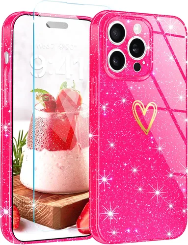 Vista 15 de Funda para iPhone 15, purpurina transparente con [1 protector de pantalla de vidrio templado] Funda protectora delgada y suave de silicona
