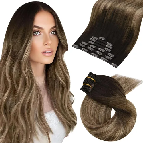 Vista 40 de Moresoo Extensiones de cabello humano con clip, balayage, color marrón oscuro a marrón dorado con clip, extensiones de cabello humano con clip, 5