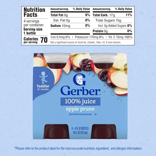Vista 2 de Gerber Jugo, Todder 12+ meses, manzana ciruela, botella de 4 onzas líquidas, paquete de 4