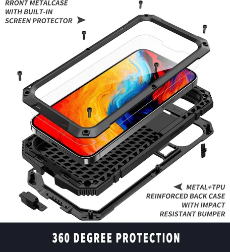 Vista 7 de Funda de metal para iPhone 14 de aluminio de grado militar con protector de pantalla de soporte de metal, a prueba de caídas, a prueba de golpes