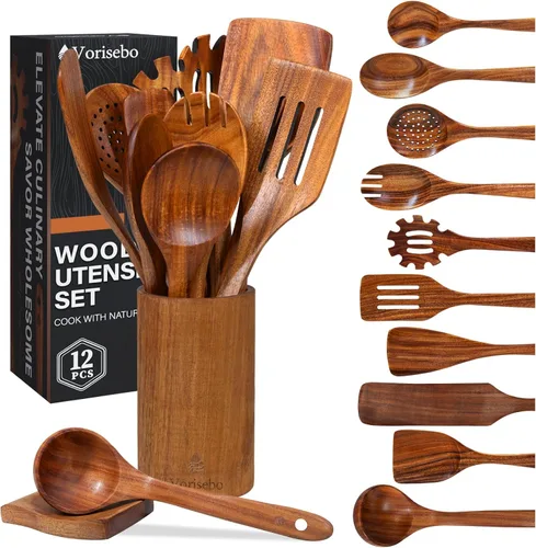 Vista 9 de 5 piezas de espátulas de madera para cocinar, juego de utensilios de madera de teca natural, utensilio de cocina de madera no tóxico, cucharas