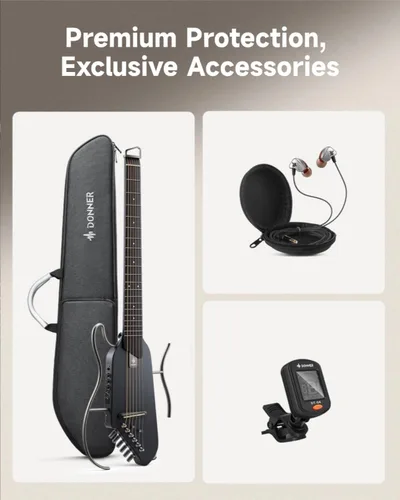 Vista 10 de Donner HUSH I Guitar para Viaje - Guitarra Acústica-Eléctrica Silenciosa, Ultraligera y Portátil Sin Cabeza, Cuerpo de Arce con Marcos Desmontables