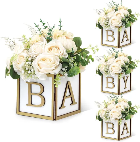 Vista 15 de Juego de 4 centros de mesa de baby shower para mesas, cajas de madera de 6 pulgadas con letras de bebé, cubos rústicos, bloques de madera para Rosa