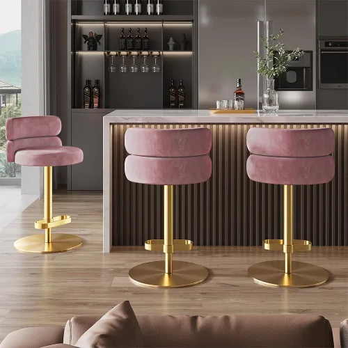 Vista 15 de Taburetes de bar de terciopelo modernos giratorios de altura ajustable para encimera de cocina, taburetes de bar con reposapiés para sala de estar