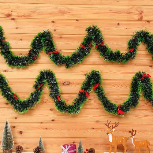 Vista 6 de 3 guirnaldas de oropel de Navidad de 8.2 pies (total: 24.6 pies) con 24 lazos rojos para interiores y exteriores, día festivo, Mardi Gras, Navidad