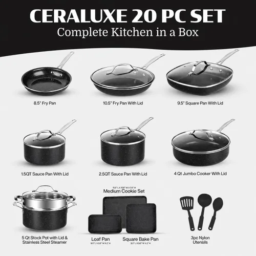 Vista 2 de GRANITESTONE Ceraluxe 20 Pc Ceramic Cookware Set, Diamond Reinforced