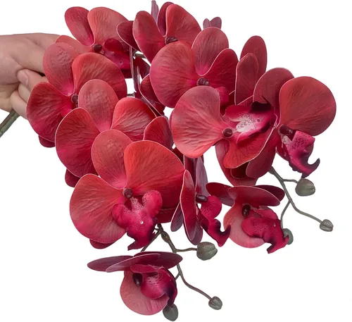 Vista 4 de FagusHome Phalaenopsis - 6 piezas de flores artificiales de orquídea con 4 paquetes de hojas, plantas con tallo para decoración del hogar (rojo)