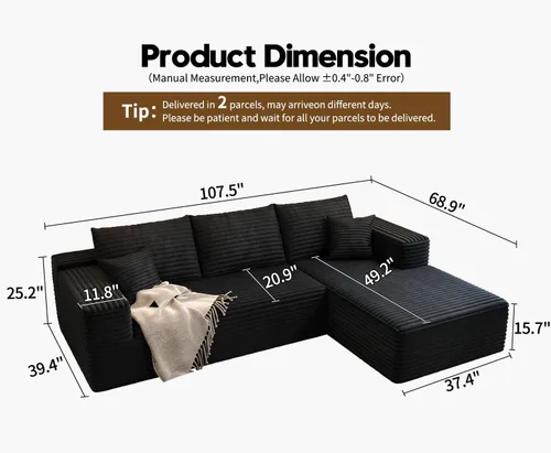 Vista 2 de Sofá seccional modular Cloud de 107.5 pulgadas con chaise en forma de L, sofás tapizados modernos minimalistas para sala de estar y dormitorio, sofá