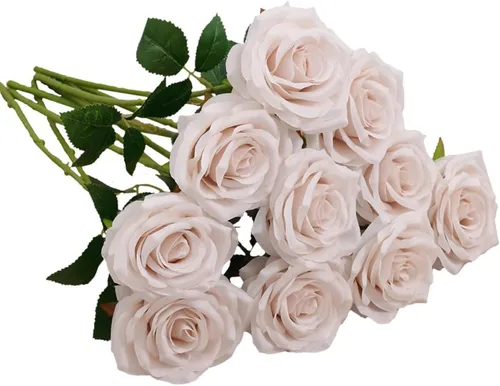 Vista 30 de 10 rosas artificiales abiertas, tallos de rosas artificiales para arreglos de boda, ramo de novia, centro de mesa, flores de seda sintética falsas