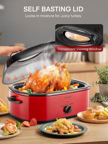 Vista 7 de FOHERE Horno asador eléctrico de 26 cuartos de galón con tapa visible y autofundante, tostador grande de pavo con función de descongelación y calor