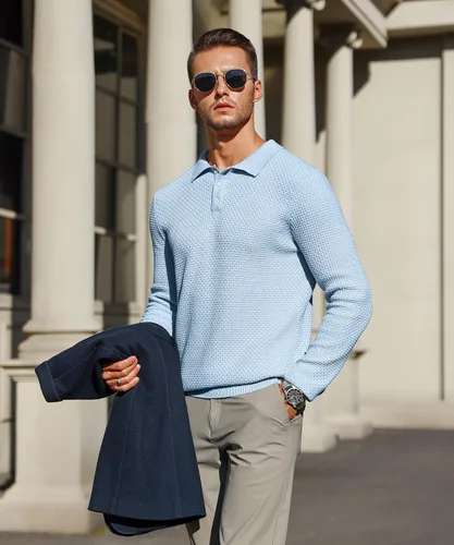 Vista 2 de Zaitun Polo de punto de manga larga para hombre, suéter ligero casual con cuello